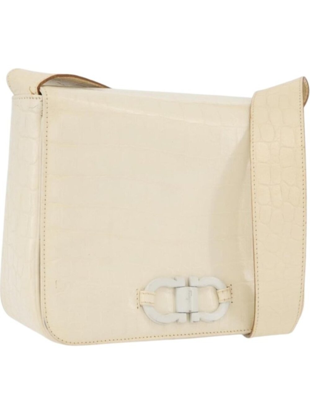 Salvatore Ferragamo Gancini Shoulder Bag Embossed leather White Gold